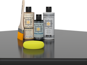 Retique It® Classic Black Brush-On Kit with Gloss PolyTique® includes a brush, Light Wood primer, Classic Black Gel Stain Alternative, Gloss PolyTique® top coat, and a yellow sponge.
