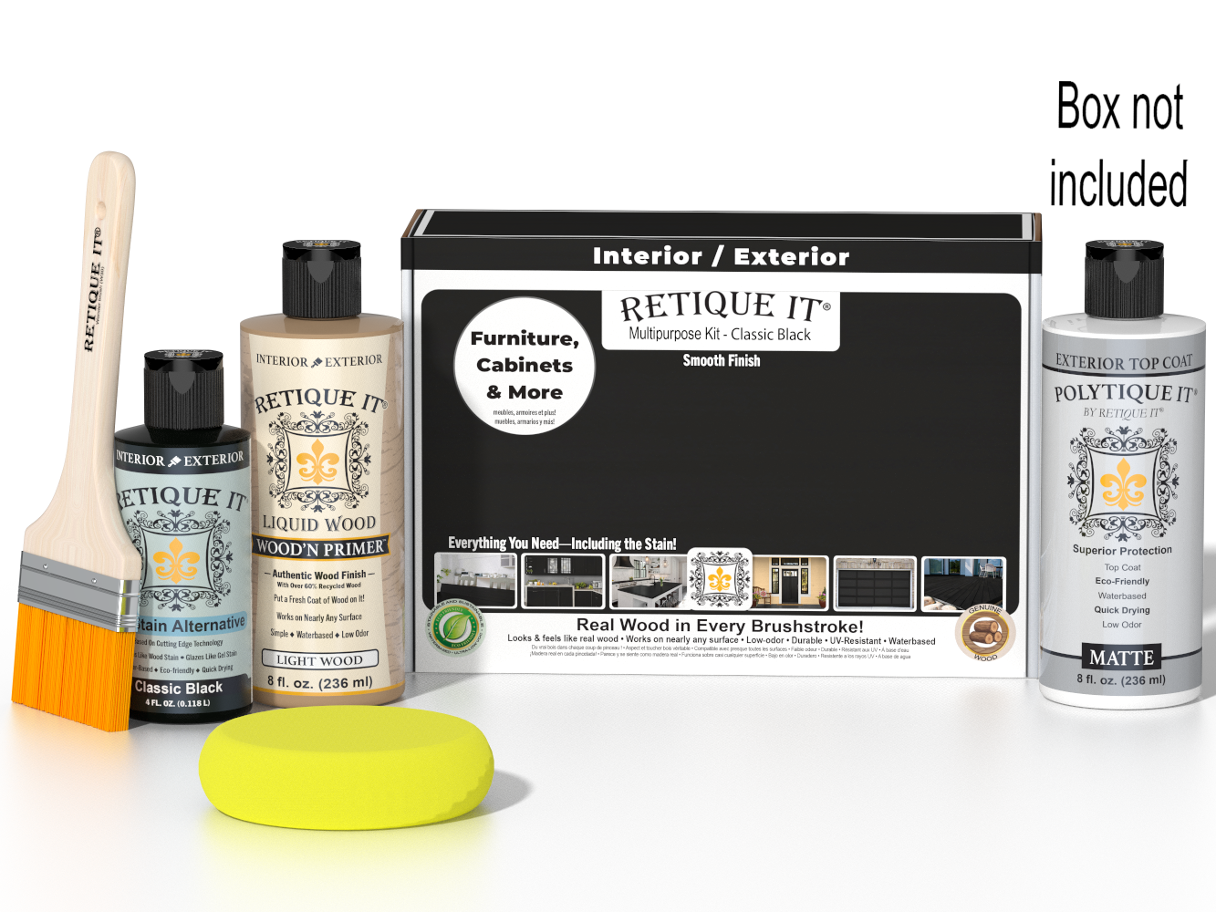 Retique It® Classic Black Brush-On Kit with Matte PolyTique® shown with the Classic Black Multipurpose Kit box, brush, Light Wood primer, Classic Black Gel Stain Alternative, Matte PolyTique® top coat, and a yellow sponge.
