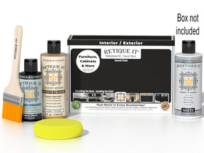 Retique It® Classic Black Brush-On Kit with Matte PolyTique® shown with the Classic Black Multipurpose Kit box, brush, Light Wood primer, Classic Black Gel Stain Alternative, Matte PolyTique® top coat, and a yellow sponge.