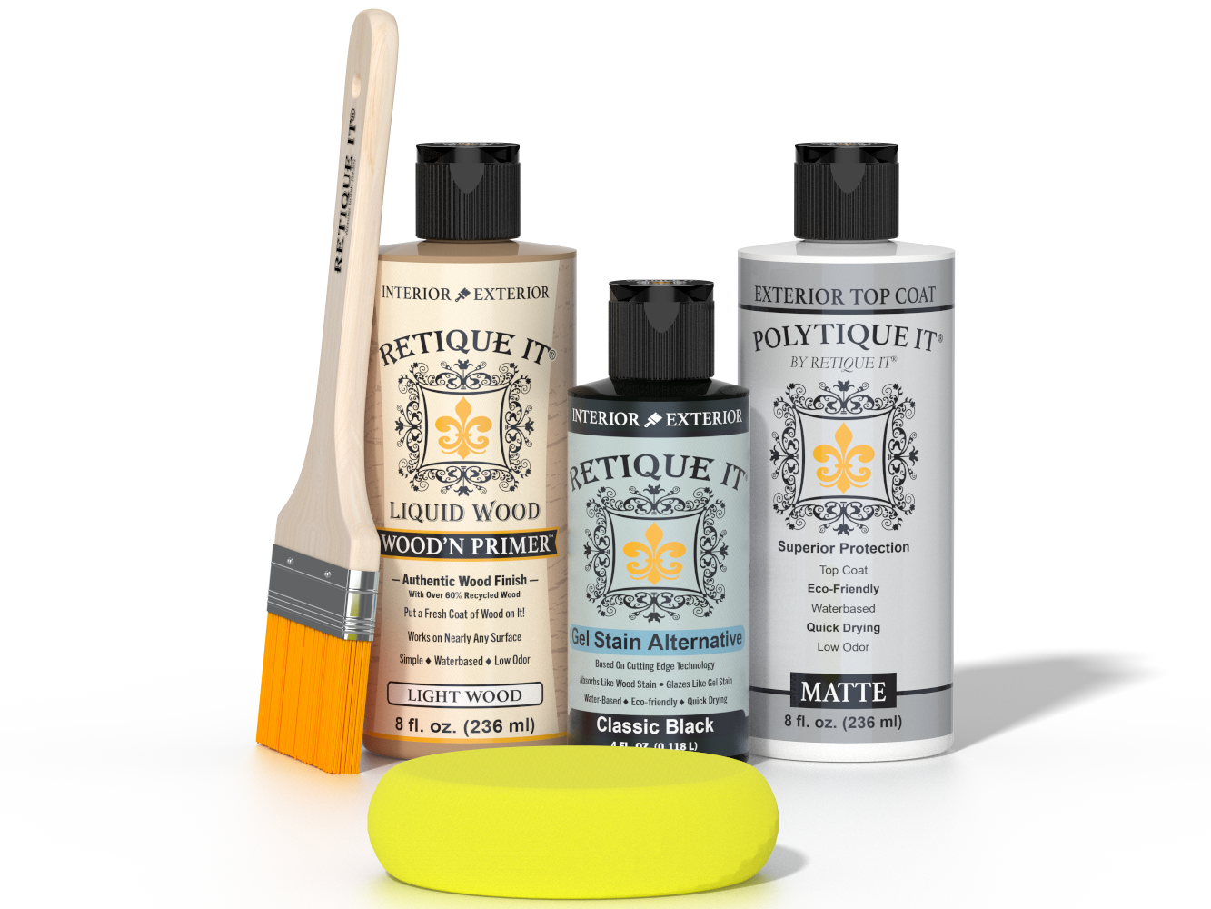 Retique It® Classic Black Brush-On Kit with Matte PolyTique® includes a brush, Light Wood primer, Classic Black Gel Stain Alternative, Matte PolyTique® top coat, and a yellow sponge.
