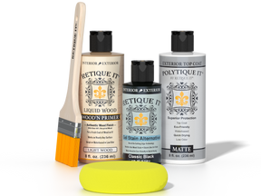 Retique It® Classic Black Brush-On Kit with Matte PolyTique® includes a brush, Light Wood primer, Classic Black Gel Stain Alternative, Matte PolyTique® top coat, and a yellow sponge.