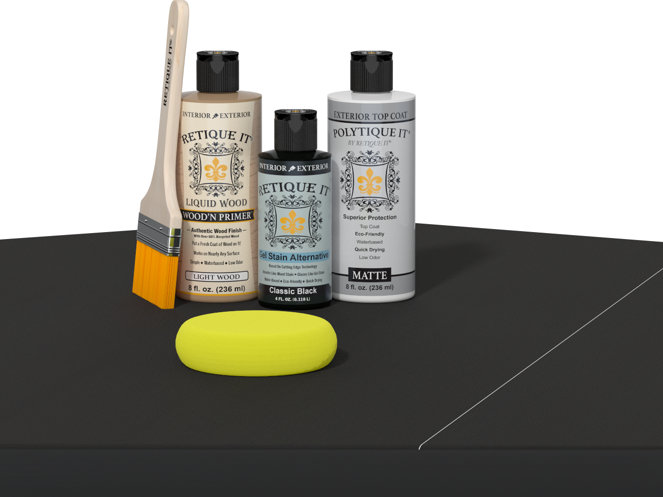 Retique It® Classic Black Brush-On Kit with Matte PolyTique® includes a brush, Light Wood primer, Classic Black Gel Stain Alternative, Matte PolyTique® top coat, and a yellow sponge.