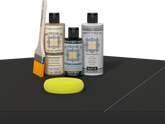 Retique It® Classic Black Brush-On Kit with Matte PolyTique® includes a brush, Light Wood primer, Classic Black Gel Stain Alternative, Matte PolyTique® top coat, and a yellow sponge.
