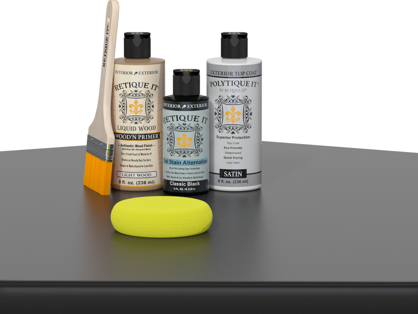Retique It® Classic Black Brush-On Kit with Satin PolyTique® includes a brush, Light Wood primer, Classic Black Gel Stain Alternative, Satin PolyTique® top coat, and a yellow sponge.