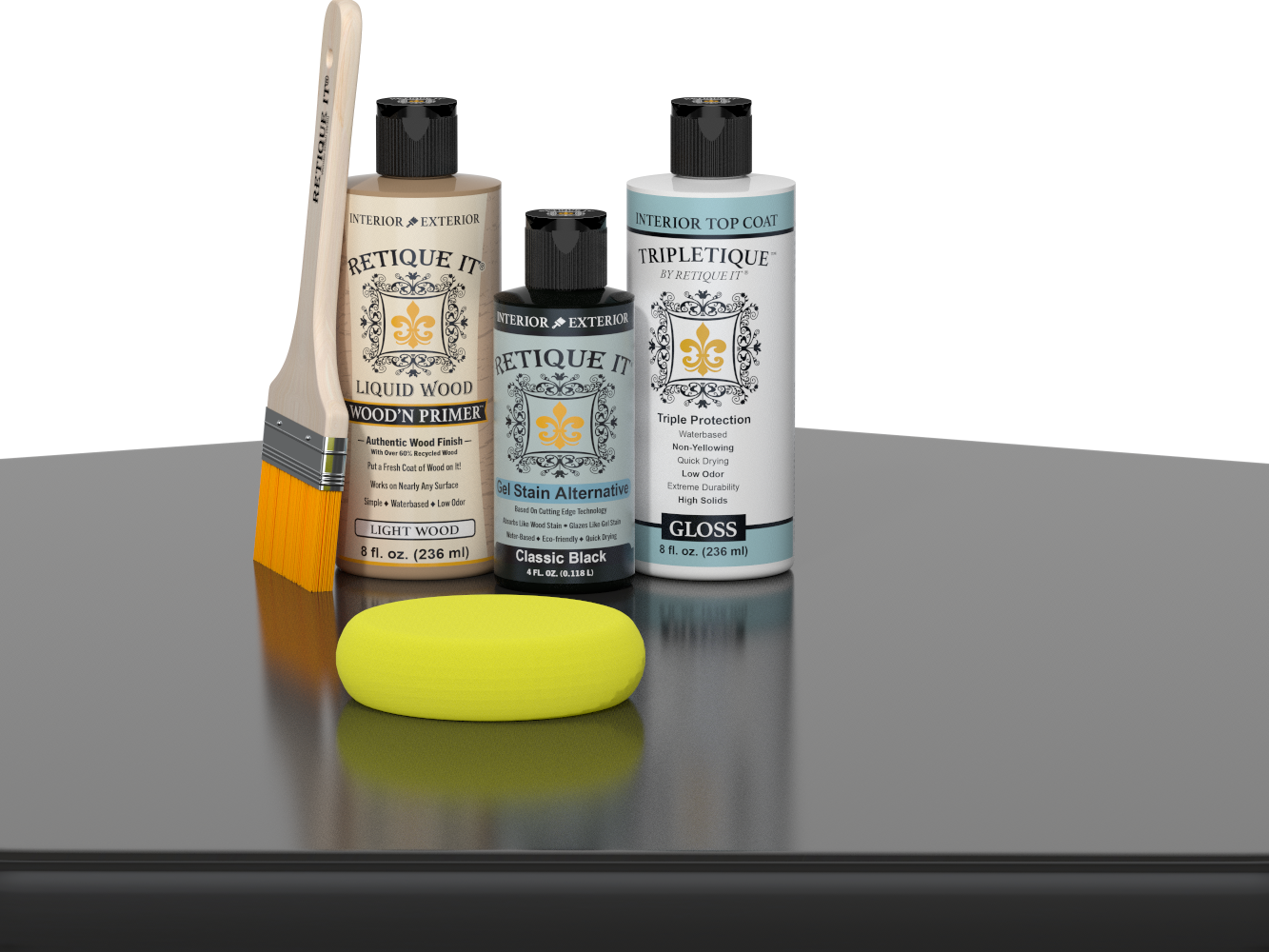 Retique It® Light Wood Wood’n Primer with Classic Black Gel Stain Alternative, gloss topcoat, brush, and yellow sponge on a reflective tabletop.