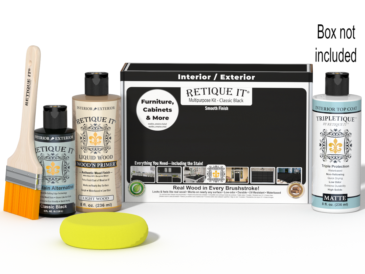 Retique It® Multipurpose Kit - Classic Black with primer, gel stain alternative, matte topcoat, brush, roller, yellow sponge, and red graining tools beside the box.