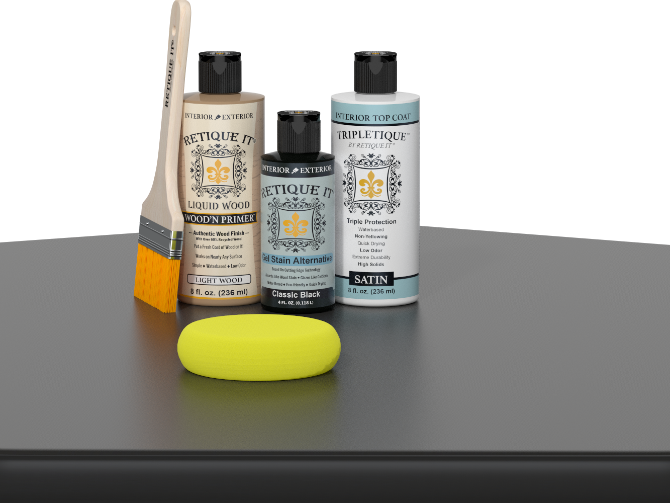 Retique It® Light Wood Wood’n Primer with Classic Black Gel Stain Alternative, satin topcoat, brush, and yellow sponge on a tabletop.