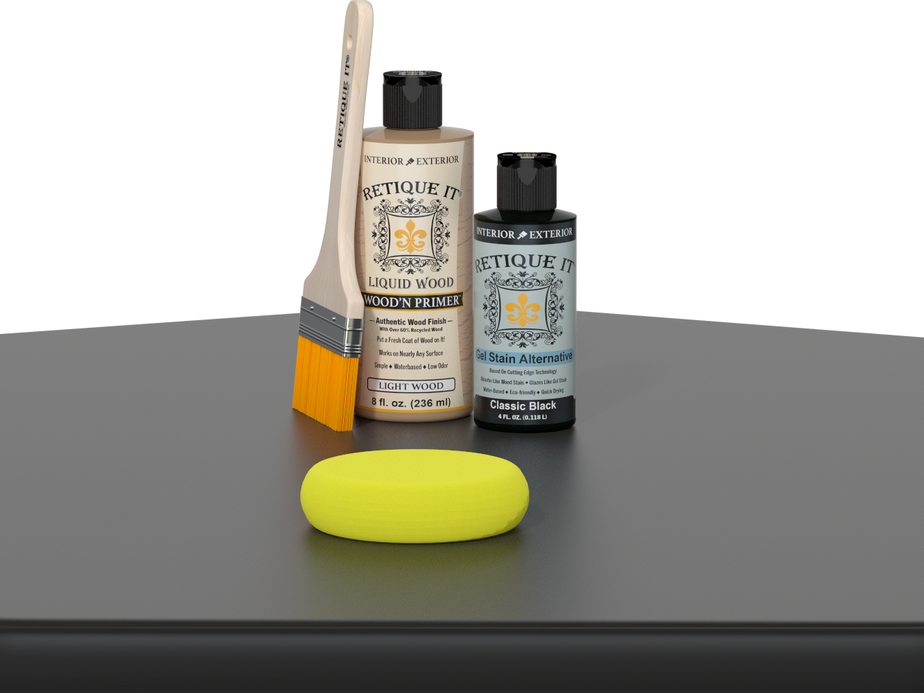 Retique It® Classic Black Kit with Light Wood’n Primer, Classic Black Gel Stain Alternative, paintbrush, and yellow sponge on a black tabletop.