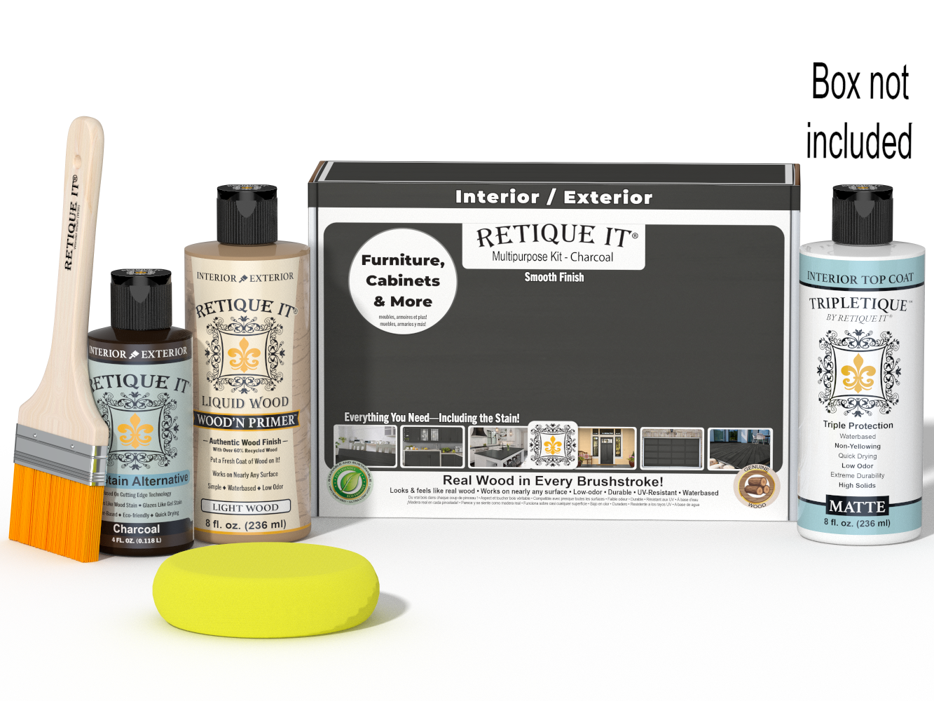 Retique It® Multipurpose Kit - Charcoal with primer, charcoal gel stain alternative, matte topcoat, brush, sponge, and red graining tools beside the box.