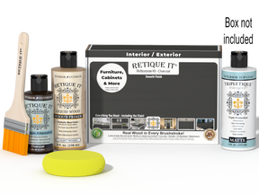 Retique It® Multipurpose Kit - Charcoal with primer, charcoal gel stain alternative, matte topcoat, brush, sponge, and red graining tools beside the box.