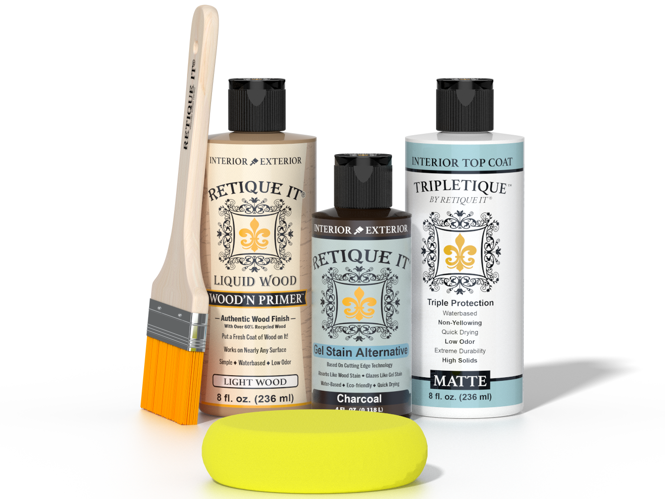 Retique It® Light Wood Wood’n Primer with Charcoal Gel Stain Alternative, matte topcoat, brush, and yellow sponge.