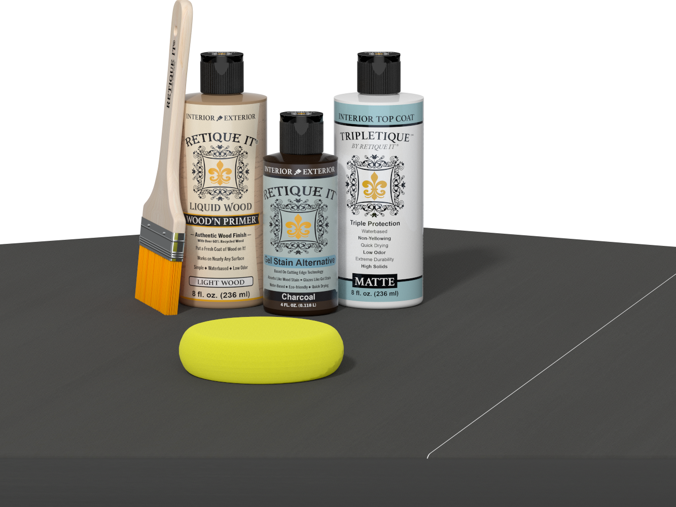 Retique It® Light Wood Wood’n Primer with Charcoal Gel Stain Alternative, matte topcoat, brush, and yellow sponge on a dark tabletop.