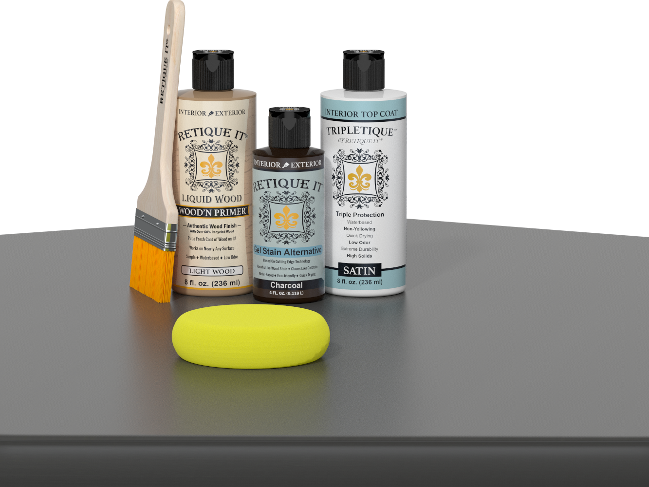 Retique It® Light Wood Wood’n Primer with Charcoal Gel Stain Alternative, satin topcoat, brush, and yellow sponge on a tabletop.
