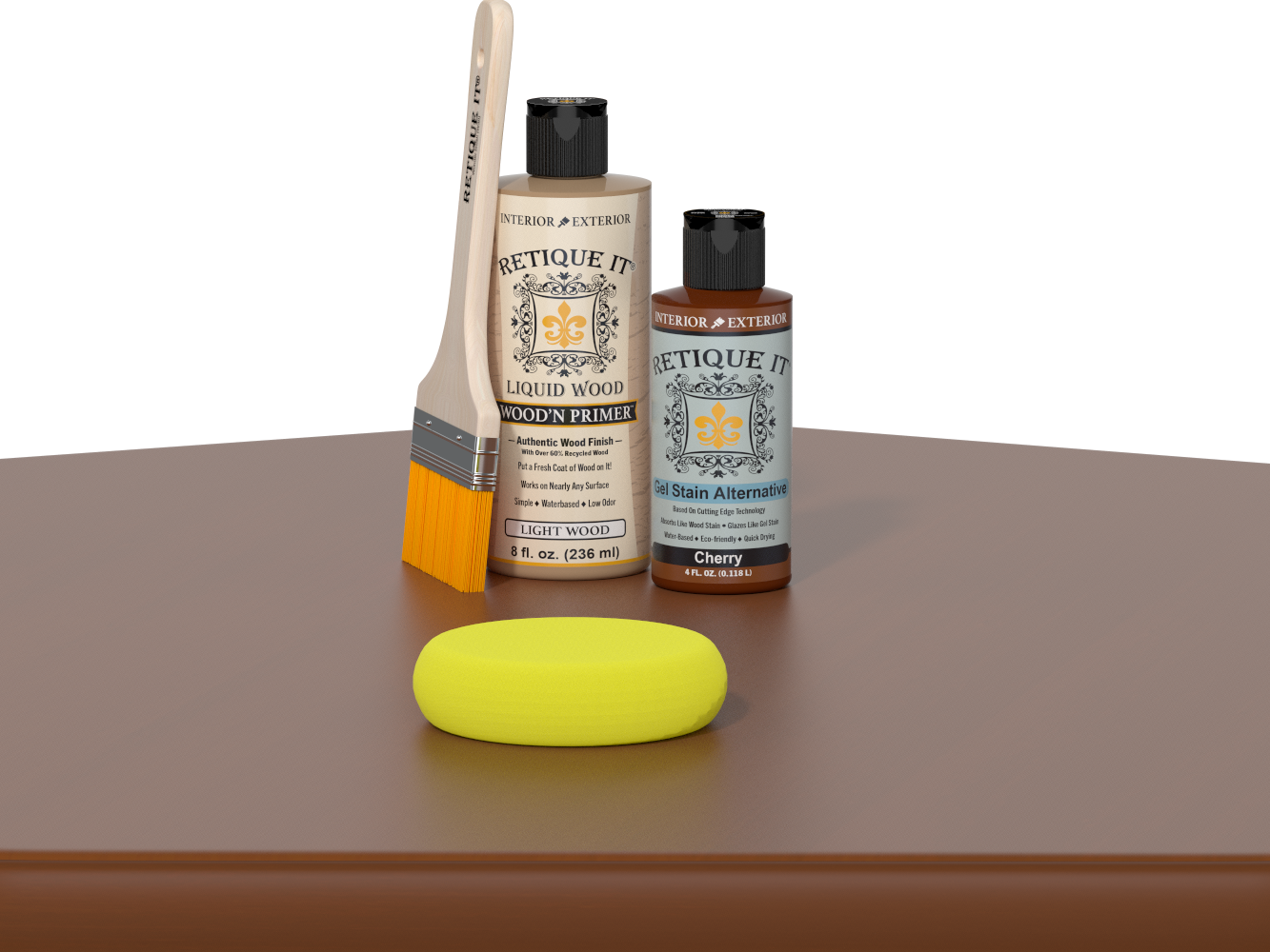 Retique It® Cherry Kit with Light Wood’n Primer, Cherry Gel Stain Alternative, paintbrush, and yellow sponge on a cherry wood tabletop.