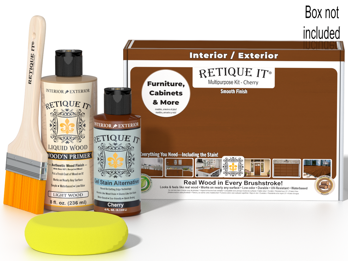 Retique It® Cherry Multipurpose Kit with box not included, primer, Cherry Gel Stain Alternative, brush, and yellow sponge on a brown tabletop.