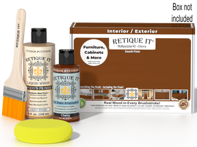 Retique It® Cherry Multipurpose Kit with box not included, primer, Cherry Gel Stain Alternative, brush, and yellow sponge on a brown tabletop.