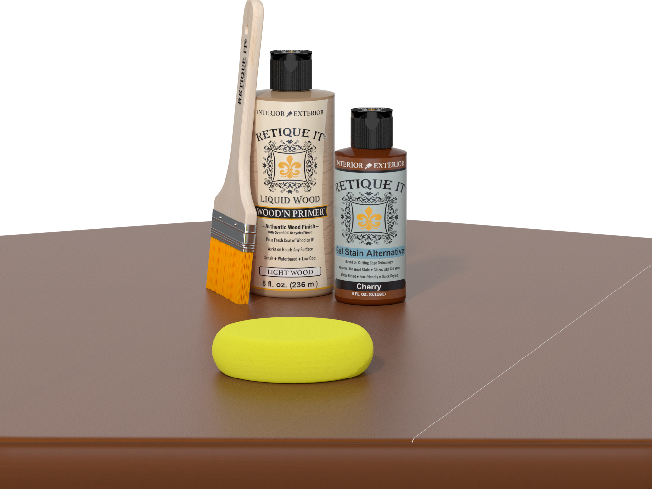 Retique It® Light Wood Wood’n Primer with Cherry Gel Stain Alternative, brush, and yellow sponge on a brown tabletop.