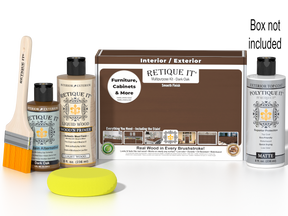 Retique It® Multipurpose Kit - Dark Oak with primer, gel stain alternative, matte topcoat, brush, sponge, red graining tools, and packaging box.