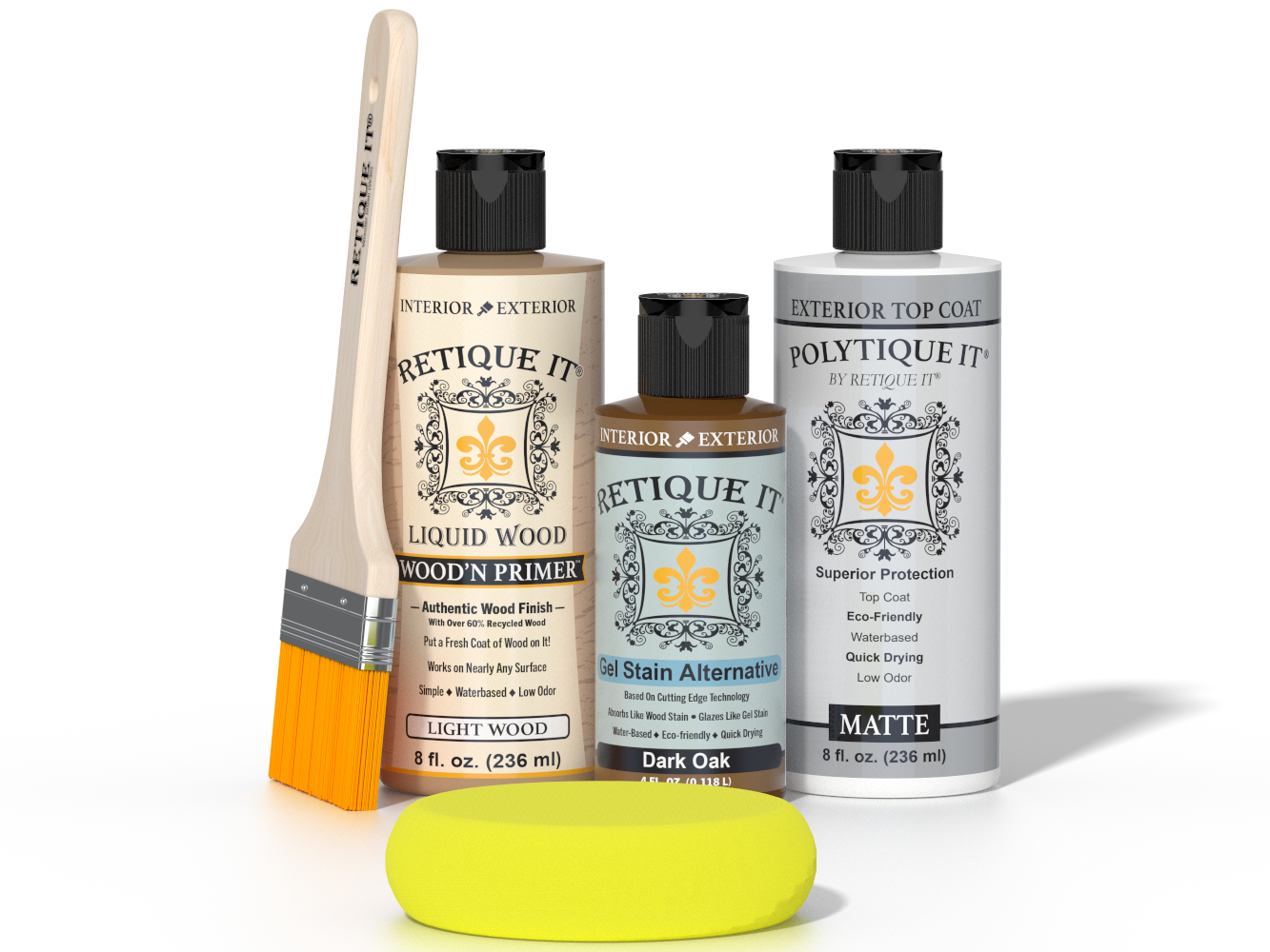 Retique It® Light Wood Wood’n Primer with Dark Oak Gel Stain Alternative, matte topcoat, brush, and yellow sponge on a reflective tabletop.