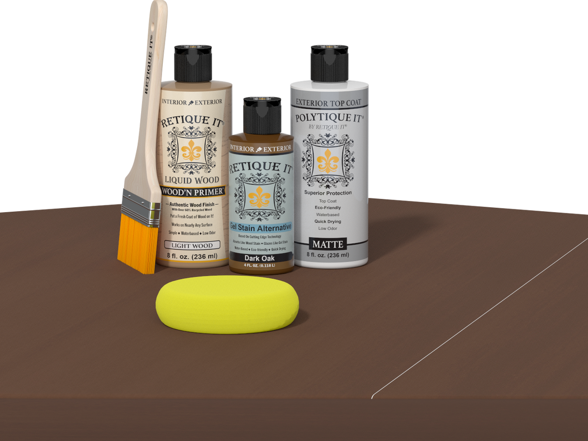 Retique It® Light Wood Wood’n Primer with Dark Oak Gel Stain Alternative, matte topcoat, brush, and yellow sponge on a dark tabletop.