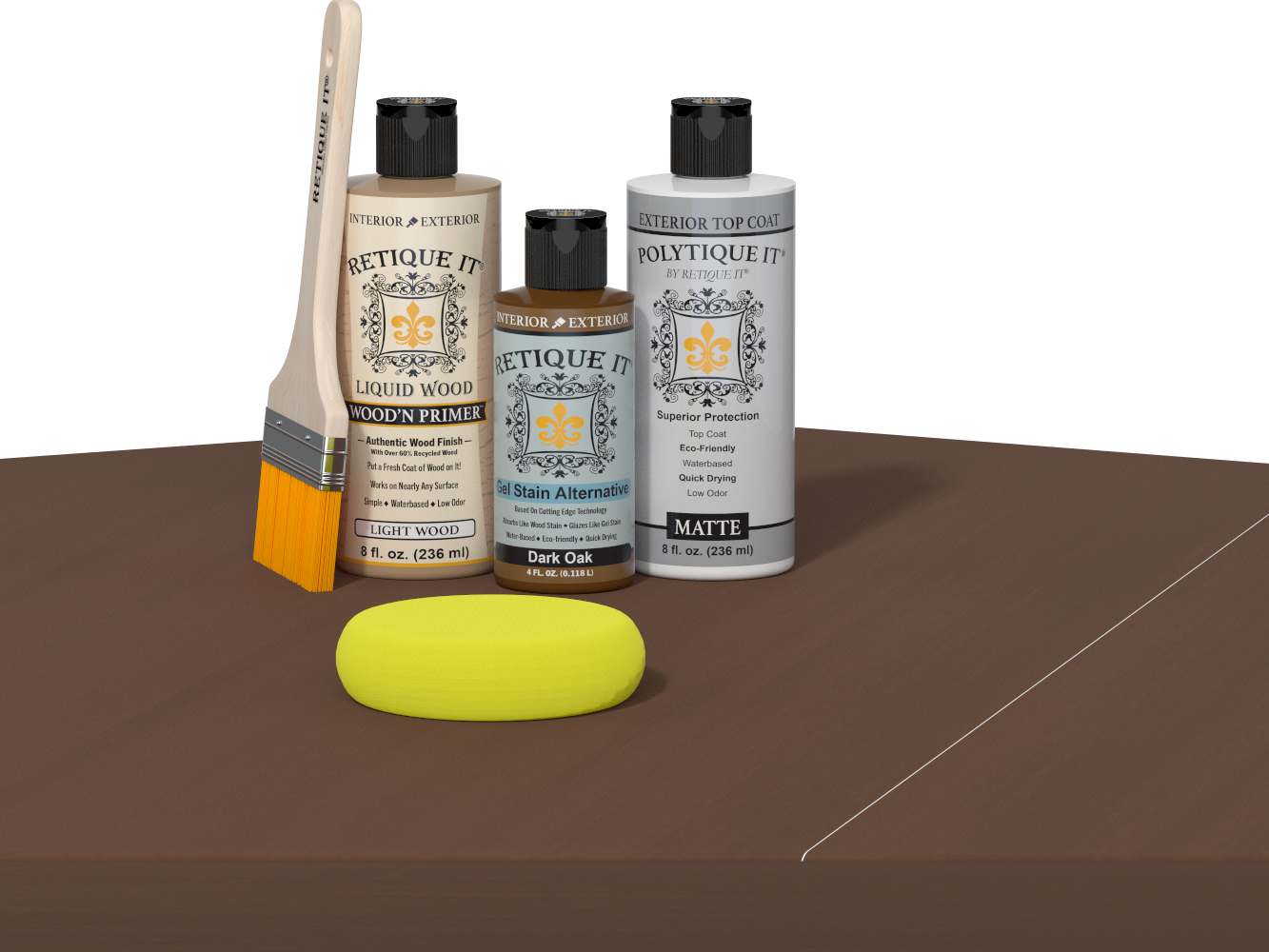 Retique It® Light Wood Wood’n Primer with Dark Oak Gel Stain Alternative, matte topcoat, brush, and yellow sponge on a dark tabletop.