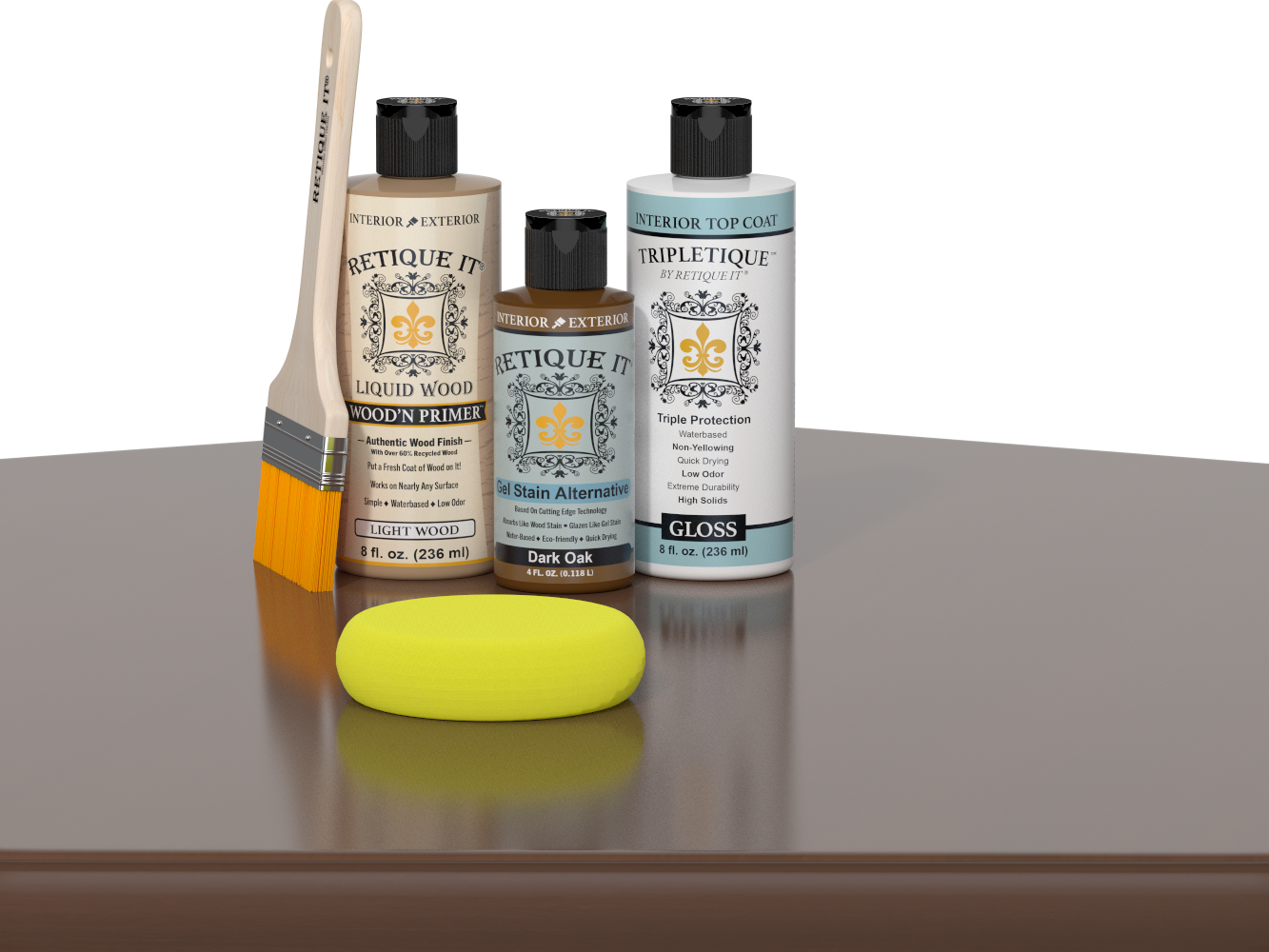 Retique It® Light Wood Wood’n Primer with Dark Oak Gel Stain Alternative, gloss topcoat, brush, and yellow sponge on a reflective tabletop.