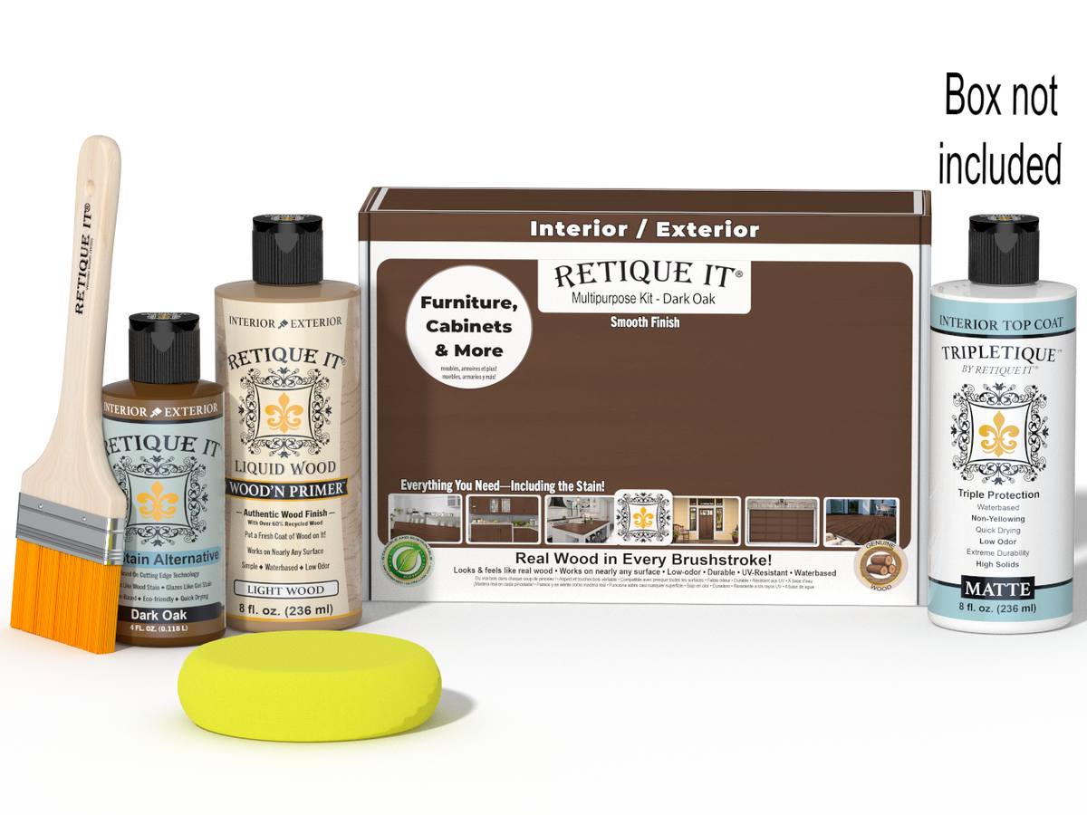 Retique It® Dark Oak Multipurpose Kit with box not included, primer, gel stain alternative, matte topcoat, brush, yellow sponge, and red graining tools.