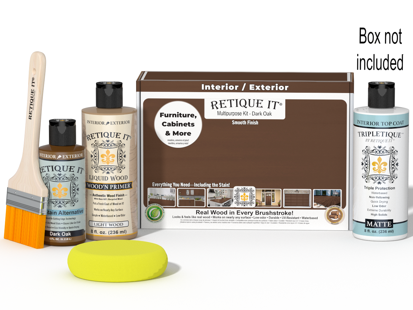 Retique It® Dark Oak Multipurpose Kit with box not included, primer, gel stain alternative, matte topcoat, brush, yellow sponge, and red graining tools.