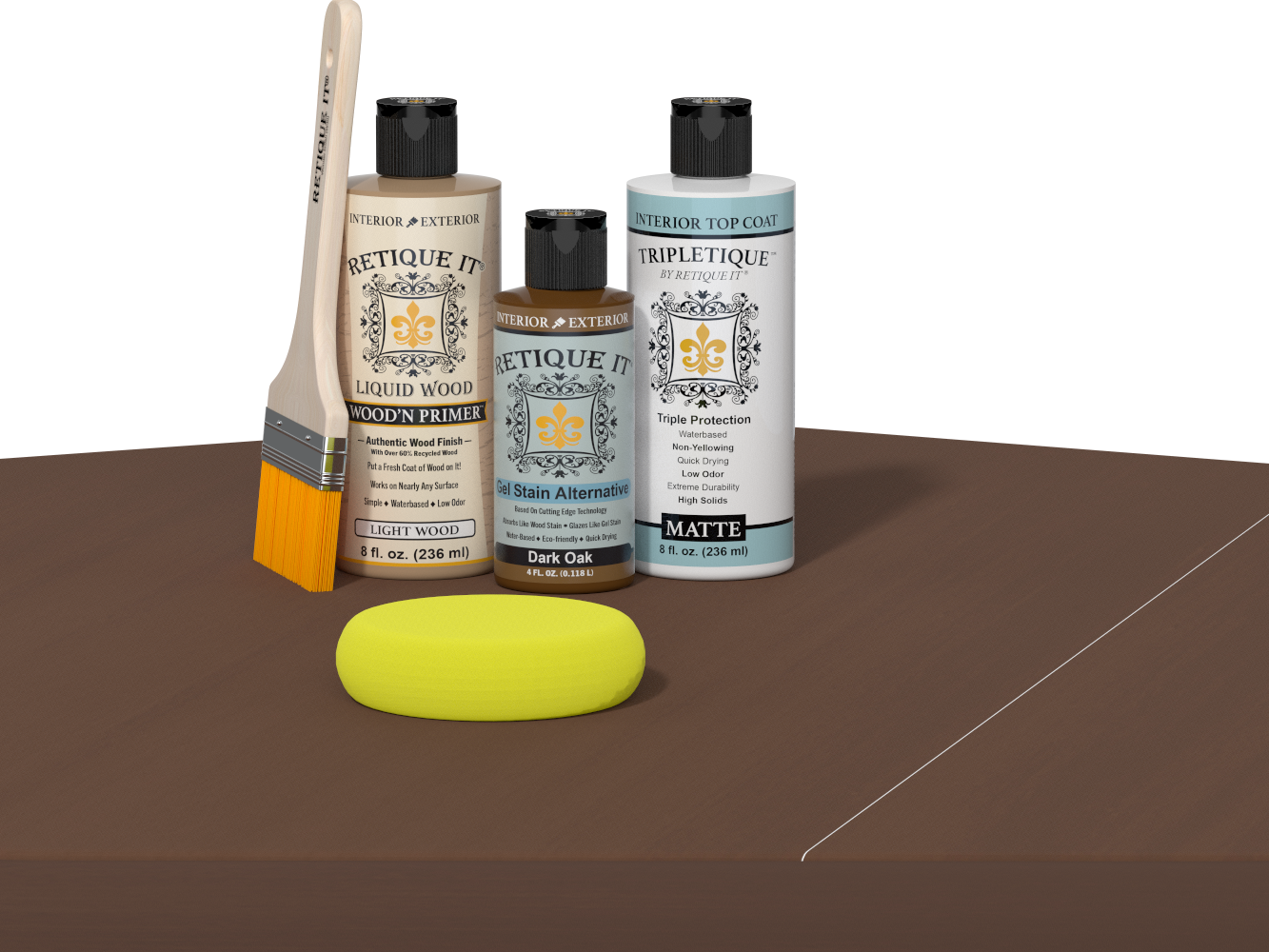 Retique It® Light Wood Wood’n Primer with Dark Oak Gel Stain Alternative, matte topcoat, brush, and yellow sponge on a tabletop.