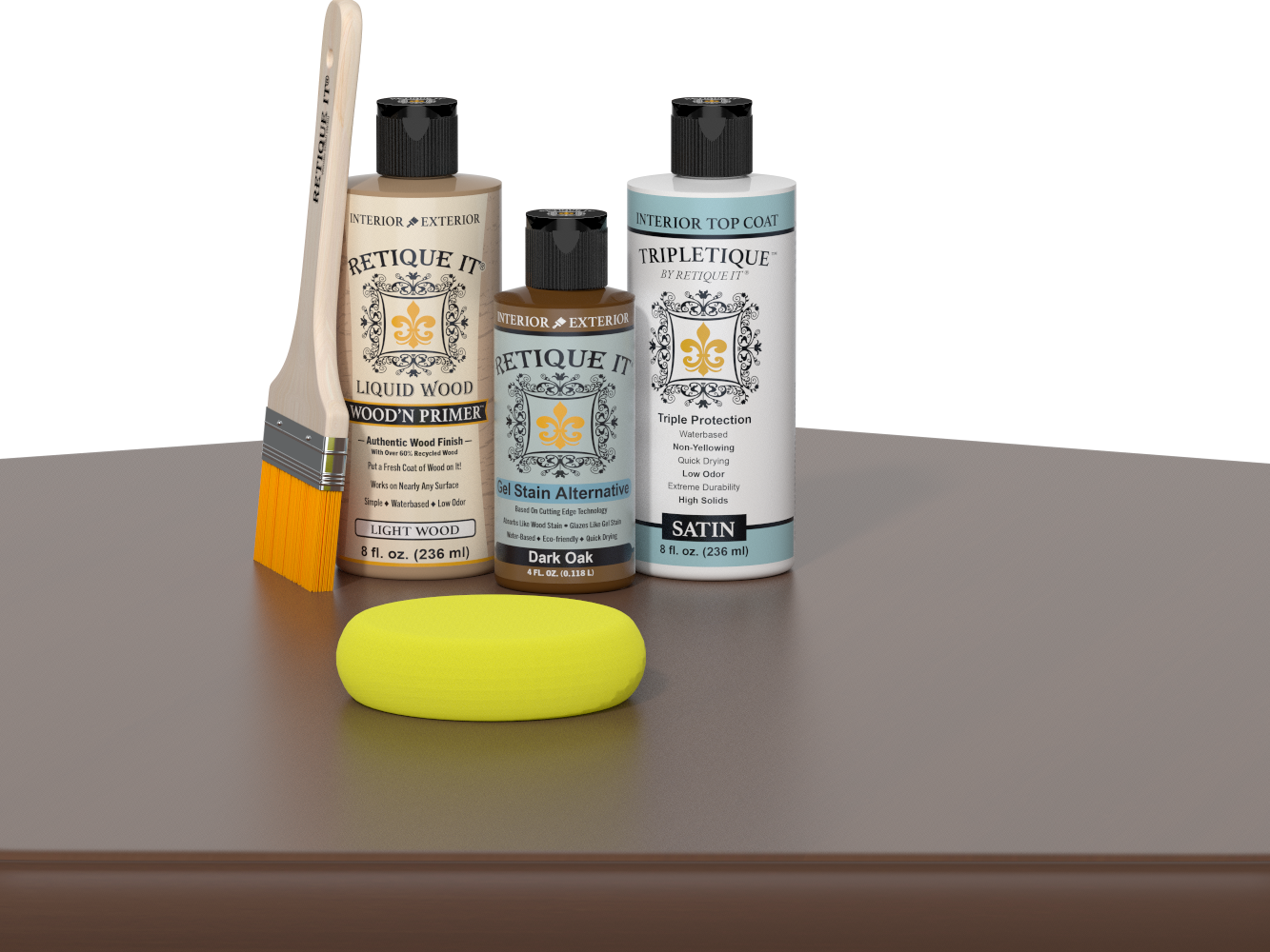 Retique It® Light Wood Wood’n Primer with Dark Oak Gel Stain Alternative, satin topcoat, brush, and yellow sponge on a tabletop.