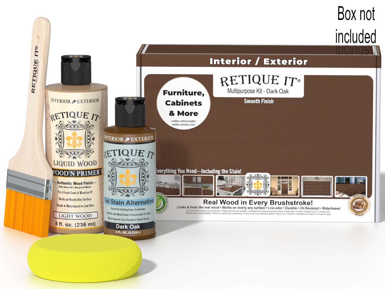 Retique It® Multipurpose Kit - Dark Oak with box, primer, Dark Oak gel stain alternative, brush, yellow sponge, and “Furniture, Cabinets & More” callout.