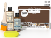 Retique It® Multipurpose Kit - Dark Oak with box, primer, Dark Oak gel stain alternative, brush, yellow sponge, and “Furniture, Cabinets & More” callout.