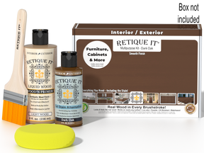 Retique It® Multipurpose Kit - Dark Oak with box, primer, Dark Oak gel stain alternative, brush, yellow sponge, and “Furniture, Cabinets & More” callout.