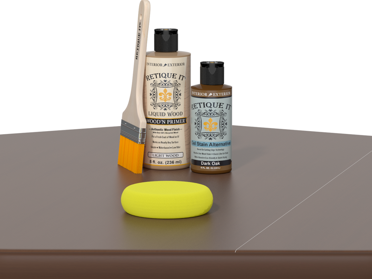 Retique It® Light Wood Wood’n Primer with Dark Oak Gel Stain Alternative, brush, and yellow sponge on a tabletop.