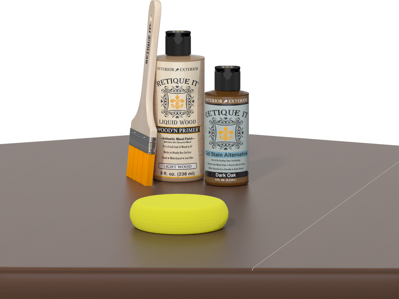 Retique It® Light Wood Wood’n Primer with Dark Oak Gel Stain Alternative, brush, and yellow sponge on a tabletop.