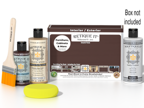Retique It® Multipurpose Kit - Java with primer, gel stain alternative, matte topcoat, brush, sponge, and packaging.