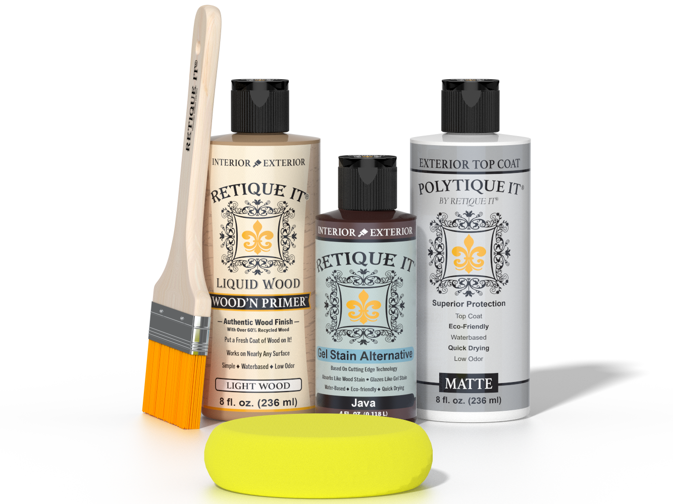 Retique It® Light Wood Wood’n Primer with Java Gel Stain Alternative, matte topcoat, brush, and yellow sponge.