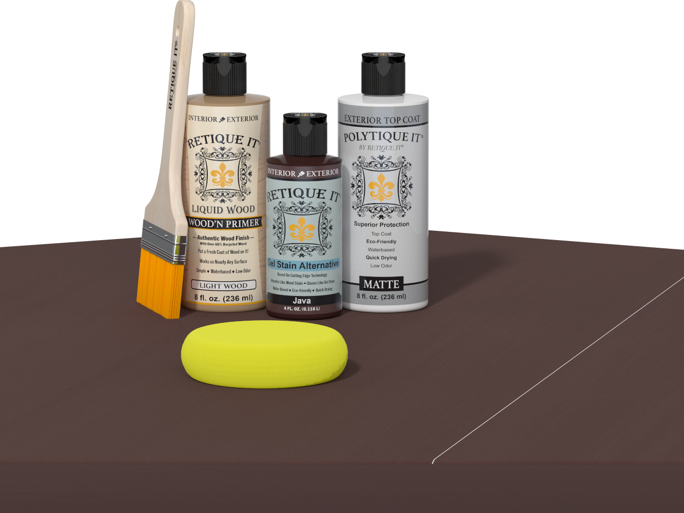 Retique It® Light Wood Wood’n Primer with Java Gel Stain Alternative, matte topcoat, brush, and yellow sponge on a dark tabletop.
