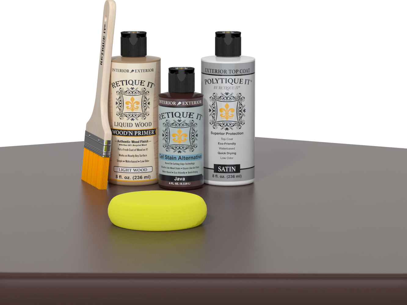 Retique It® Light Wood Wood’n Primer with Java Gel Stain Alternative, satin topcoat, brush, and yellow sponge on a tabletop.