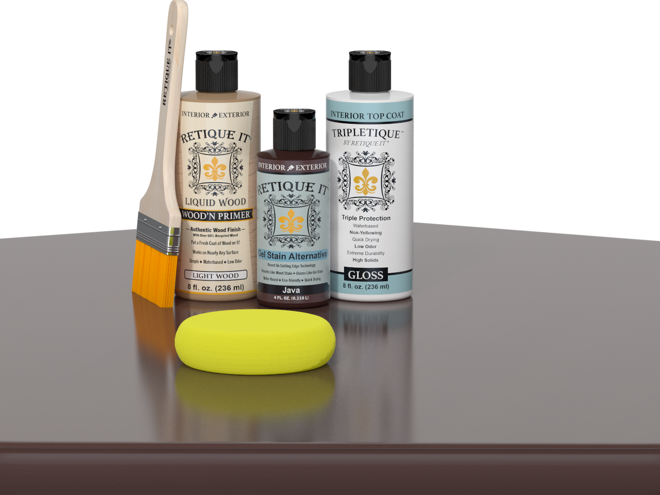 Retique It® Light Wood Wood’n Primer with Java Gel Stain Alternative, gloss topcoat, brush, and yellow sponge on a reflective tabletop.