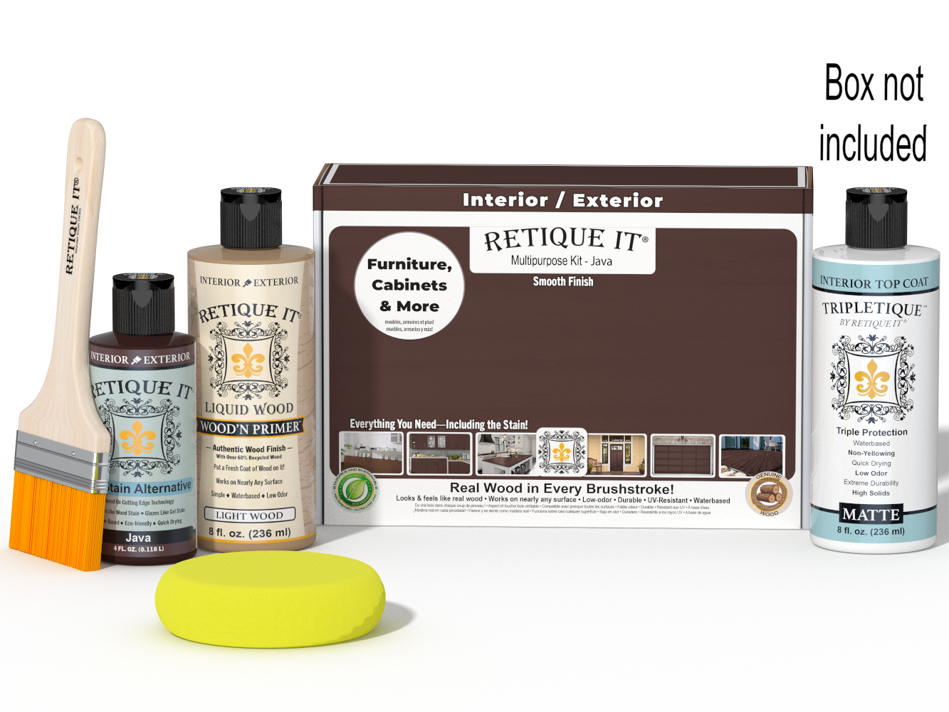 Retique It® Multipurpose Kit - Java with primer, gel stain alternative, matte topcoat, brush, sponge, and packaging.