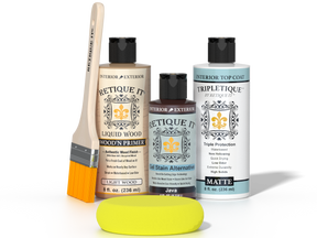 Retique It® Light Wood Wood’n Primer with Java Gel Stain Alternative, matte topcoat, brush, and yellow sponge.
