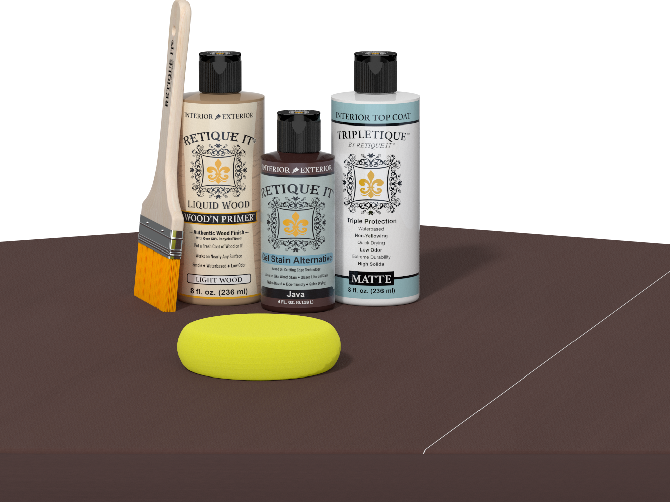 Retique It® Light Wood Wood’n Primer with Java Gel Stain Alternative, matte topcoat, brush, and yellow sponge on a dark tabletop.