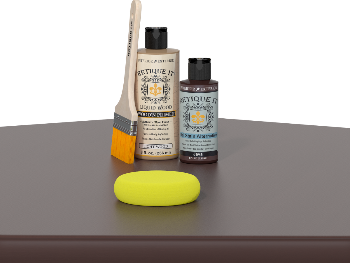 Retique It® Java Kit with Light Wood’n Primer, Java Gel Stain Alternative, paintbrush, and yellow sponge on a dark wood tabletop.