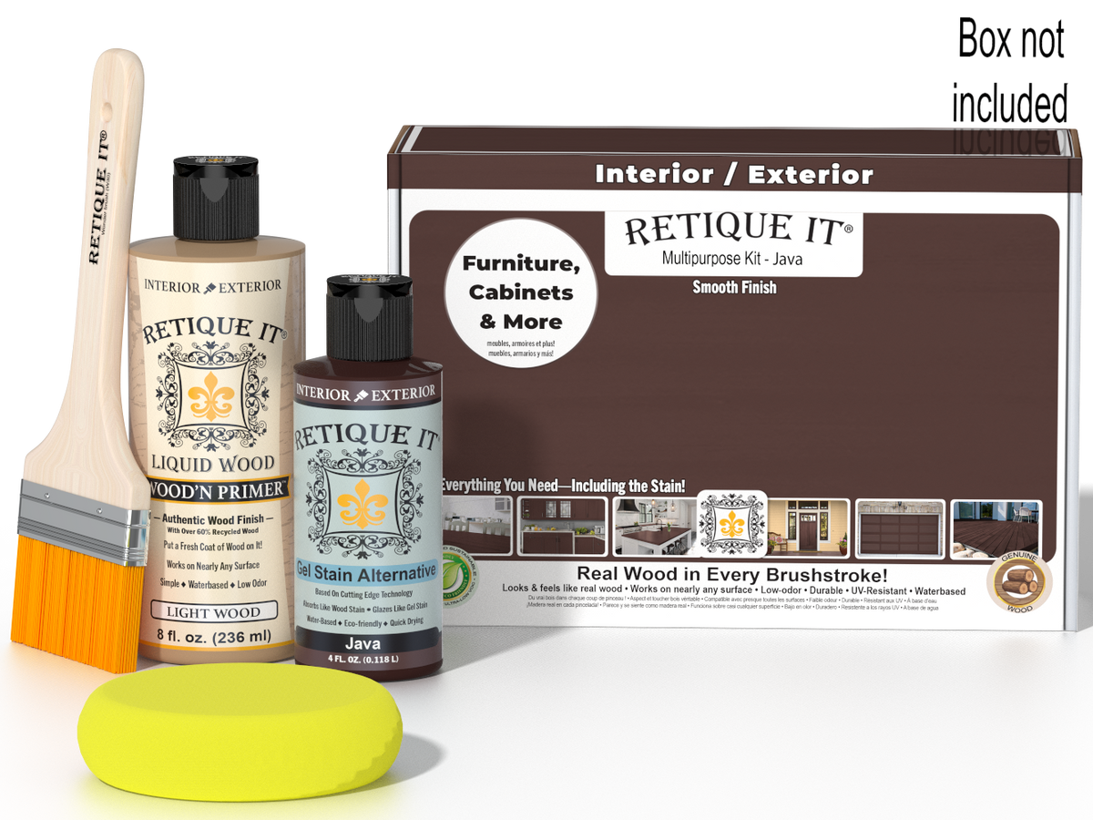 Retique It® Multipurpose Kit - Java packaging with primer, Java Gel Stain Alternative, brush, yellow sponge, and “Furniture, Cabinets & More” callout.