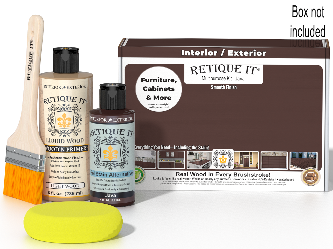 Retique It® Multipurpose Kit - Java packaging with primer, Java Gel Stain Alternative, brush, yellow sponge, and “Furniture, Cabinets & More” callout.