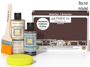 Retique It® Multipurpose Kit - Java packaging with primer, Java Gel Stain Alternative, brush, yellow sponge, and “Furniture, Cabinets & More” callout.