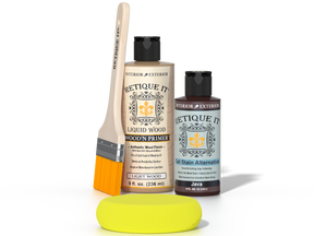 Retique It® Light Wood Wood’n Primer with Java Gel Stain Alternative, brush, and yellow sponge.