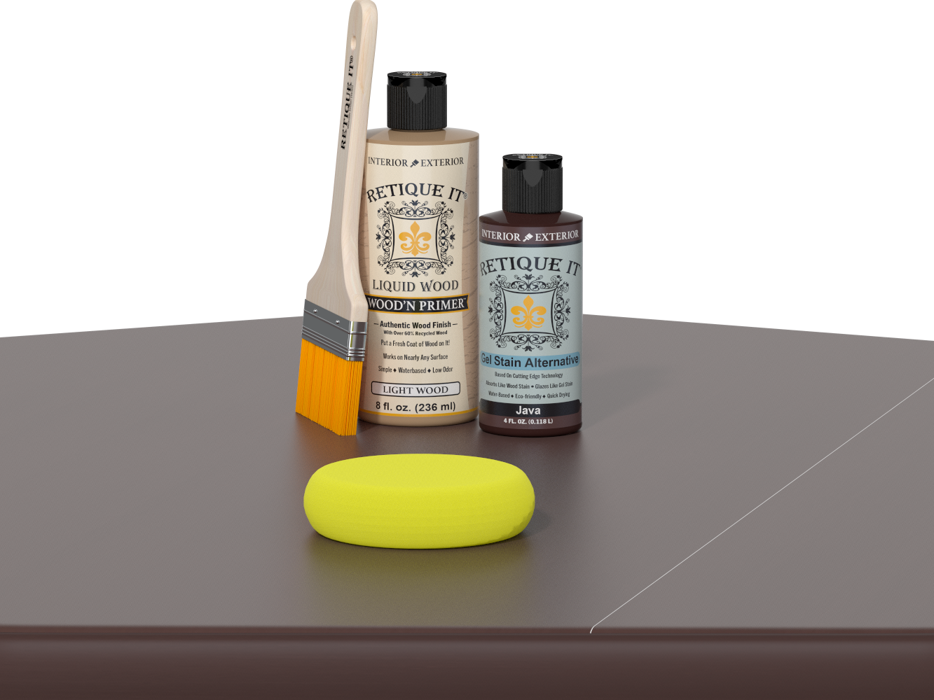 Retique It® Light Wood Wood’n Primer with Java Gel Stain Alternative, brush, and yellow sponge on a tabletop.
