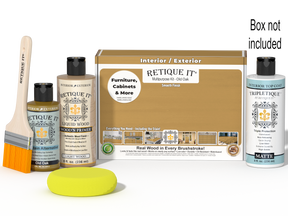 Retique It® Multipurpose Kit - Old Oak with primer, gel stain alternative, matte topcoat, brush, sponge, red graining tools, and packaging.